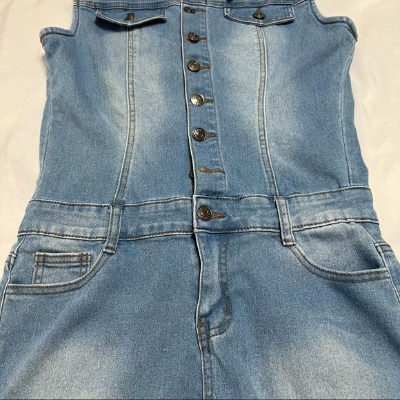 Y2K Denim Romper Jumpsuit Shorts Sleeveless Stretch Button Up Collared Size M - Picture 8 of 14